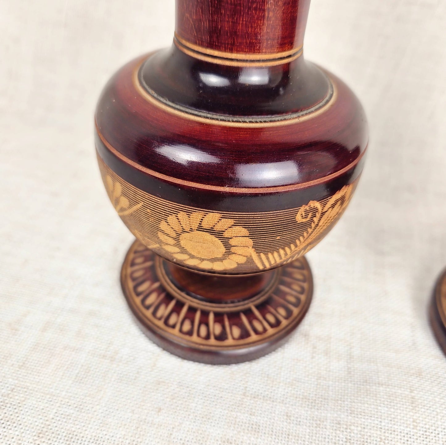 Pair of Neoclassical Wooden Vases, Greek Key Motif, Decorative Wood Urns, Traditional Home Decor