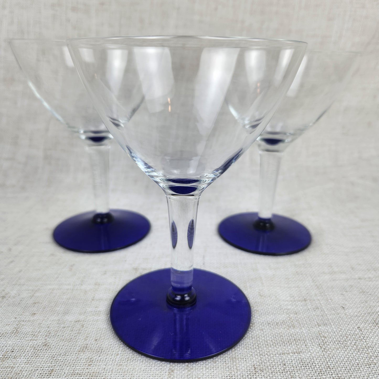 Vintage Cobalt Blue Stem Martini Glasses Set of 3 | Elegant Cocktail Coupe Glasses | Modern Classic Barware
