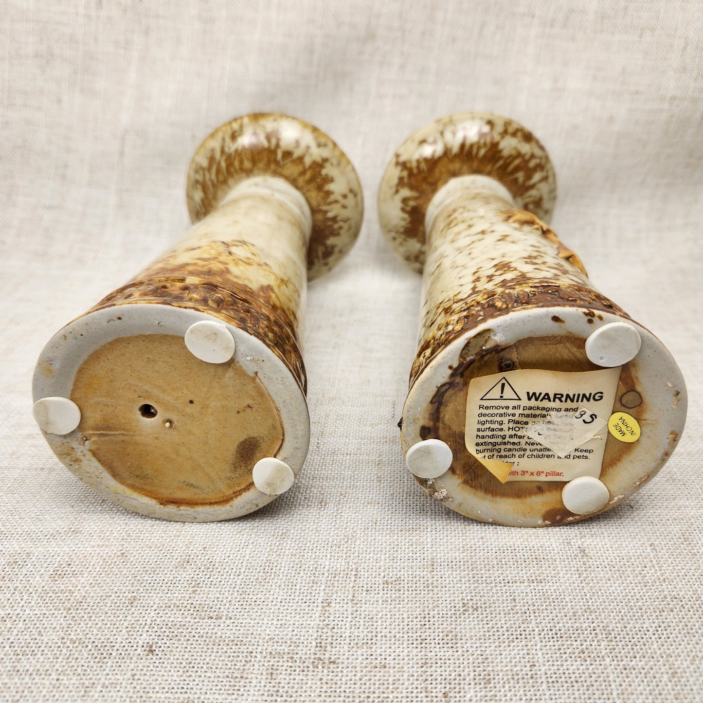 Old World Marble Glaze Ceramic Candlestick Holders with Cross Motif, Vintage Traditional Style Pair