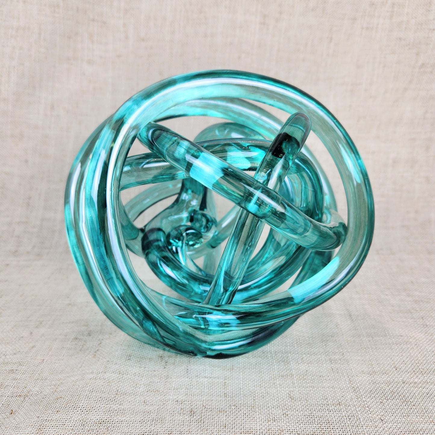 Vintage Aqua Glass Knot Sculpture | Mid Century Modern Art Glass Decor
