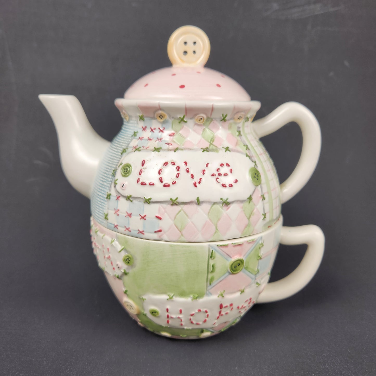 Taryn Reece Stacking Tea for One Set | Patchwork Teapot and Cup | Love & Hope Pastel Ceramic Tea Set