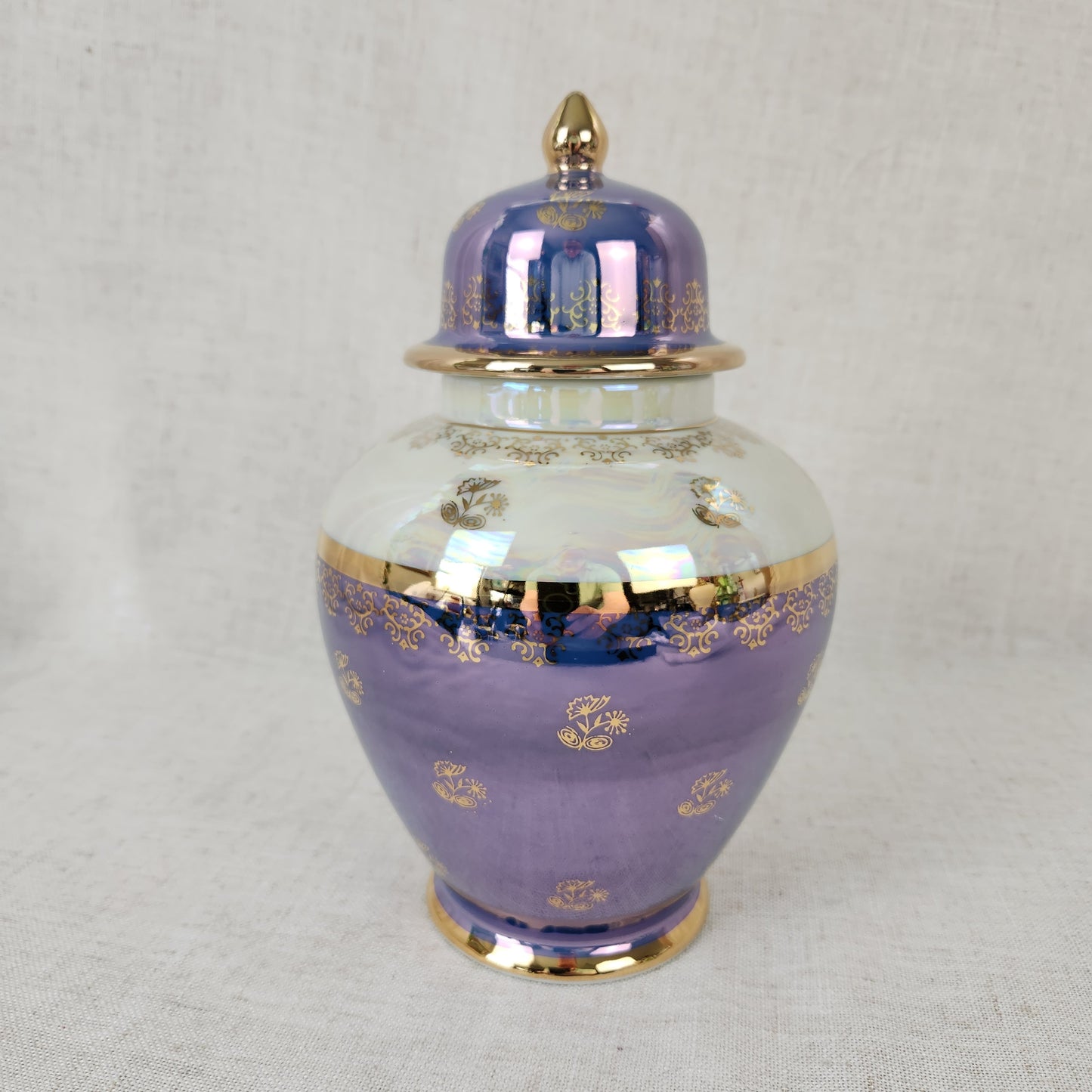 Vintage Kudo Toki Fancy China Ginger Jar | Lavender Lusterware Porcelain Urn with Lid Gold Trim 10.5"