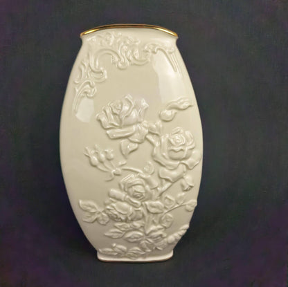 Lenox Ivory Rose Embossed Vase with Gold Rim