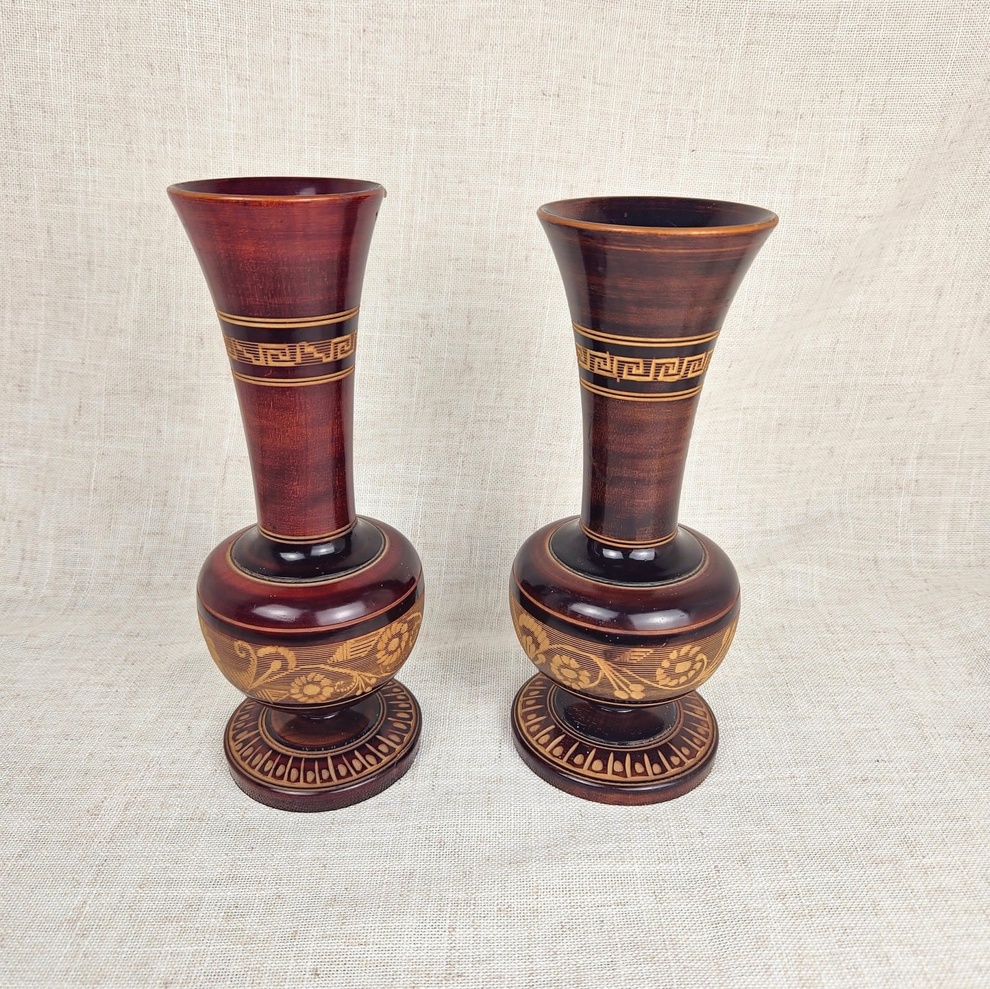 Pair of Neoclassical Wooden Vases, Greek Key Motif, Decorative Wood Urns, Traditional Home Decor