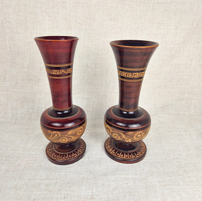 Pair of Neoclassical Wooden Vases, Greek Key Motif, Decorative Wood Urns, Traditional Home Decor