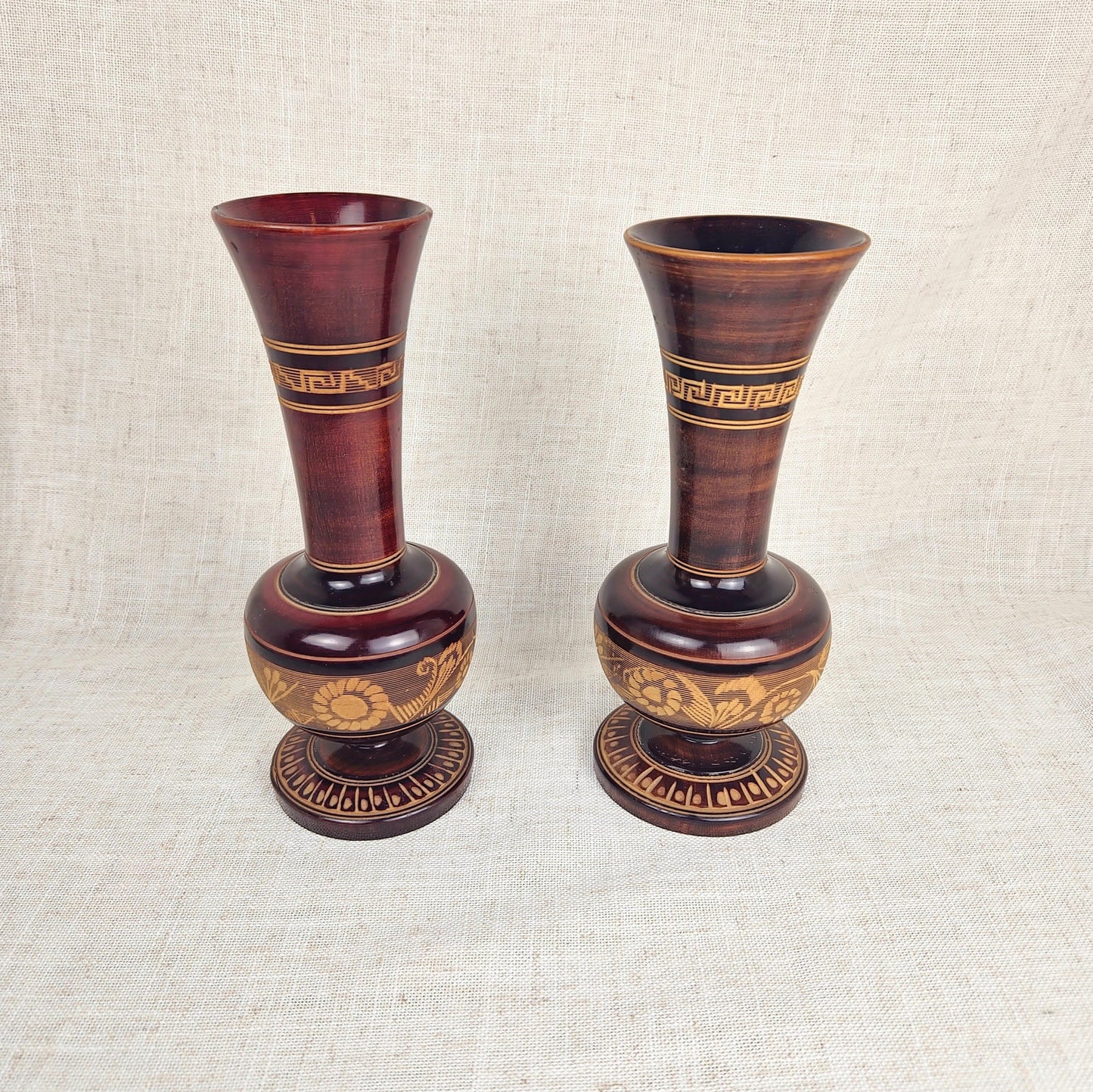 Pair of Neoclassical Wooden Vases, Greek Key Motif, Decorative Wood Urns, Traditional Home Decor