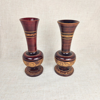 Pair of Neoclassical Wooden Vases, Greek Key Motif, Decorative Wood Urns, Traditional Home Decor