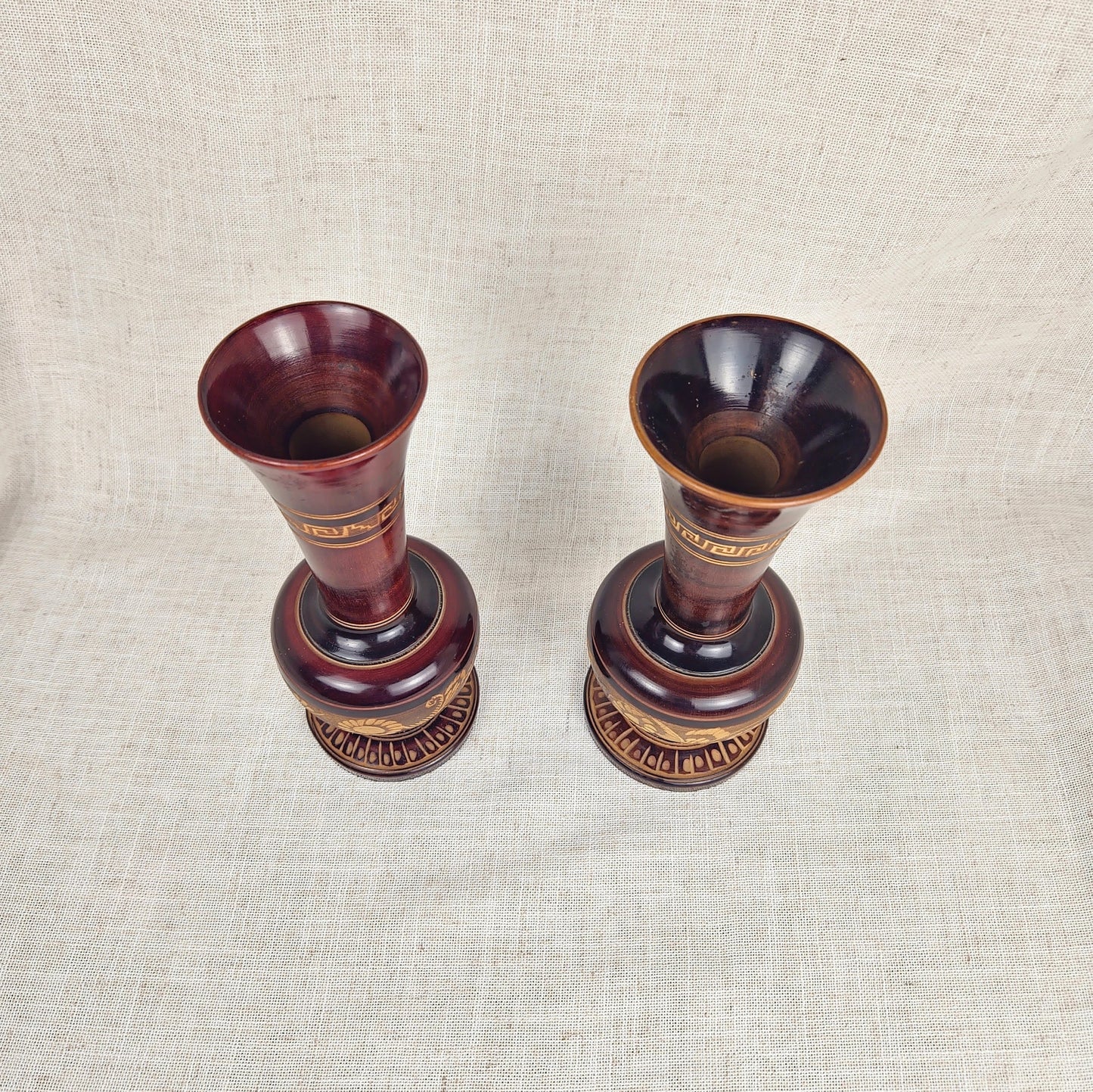 Pair of Neoclassical Wooden Vases, Greek Key Motif, Decorative Wood Urns, Traditional Home Decor