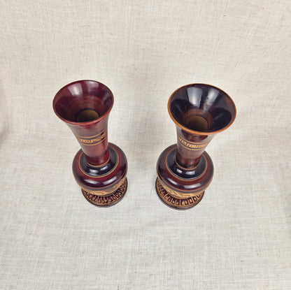 Pair of Neoclassical Wooden Vases, Greek Key Motif, Decorative Wood Urns, Traditional Home Decor