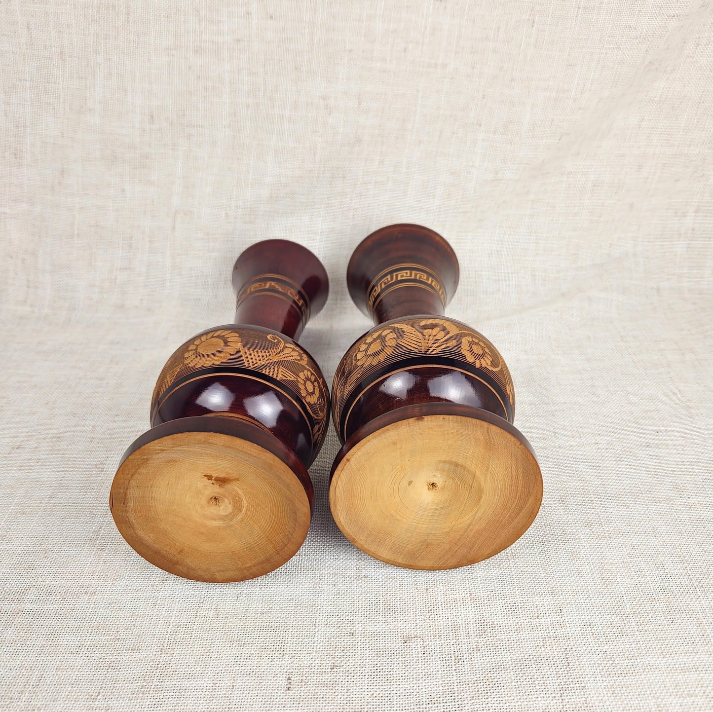 Pair of Neoclassical Wooden Vases, Greek Key Motif, Decorative Wood Urns, Traditional Home Decor