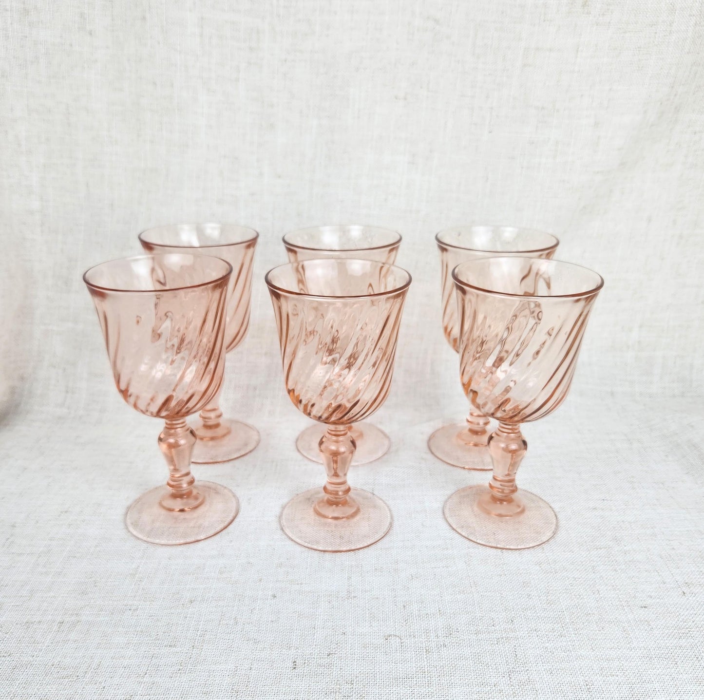 Vintage Blush Pink Swirl Goblets – Set of 6 – Rosaline Style Stemware – Romantic Cottage Table Setting