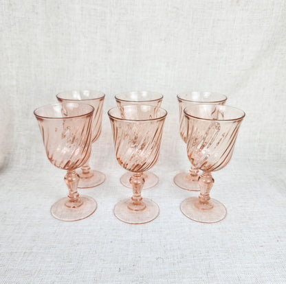 Vintage Blush Pink Swirl Goblets – Set of 6 – Rosaline Style Stemware – Romantic Cottage Table Setting