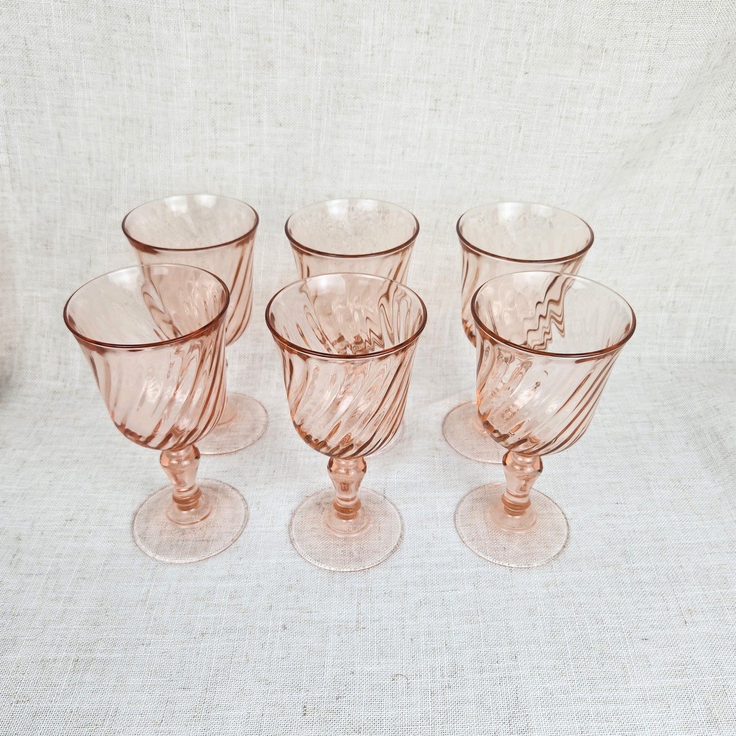 Vintage Blush Pink Swirl Goblets – Set of 6 – Rosaline Style Stemware – Romantic Cottage Table Setting