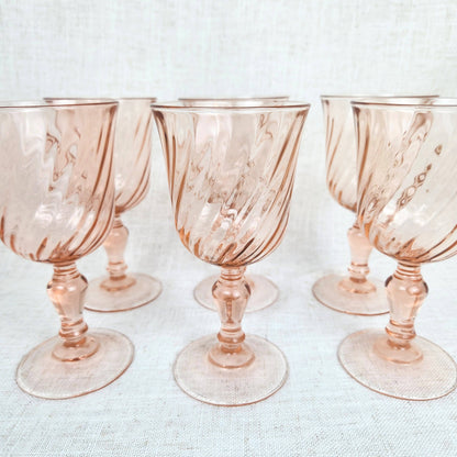 Vintage Blush Pink Swirl Goblets – Set of 6 – Rosaline Style Stemware – Romantic Cottage Table Setting
