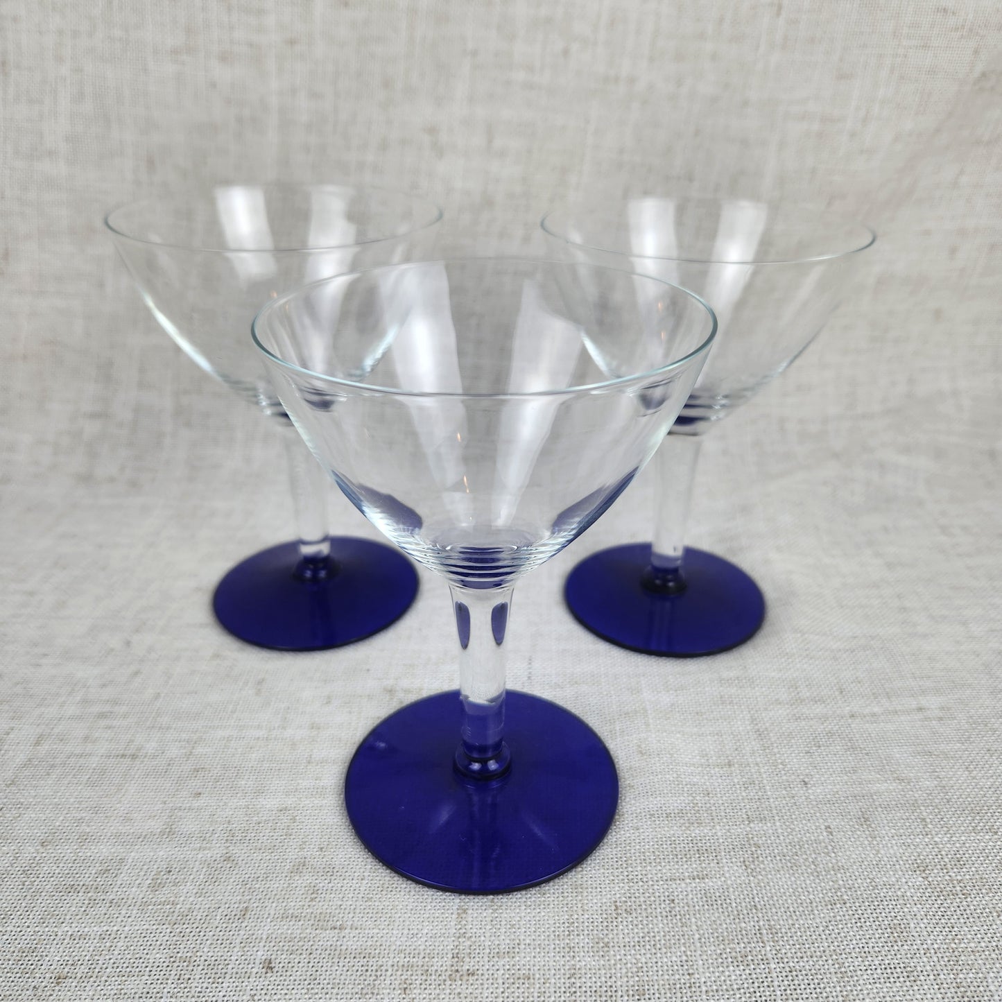 Vintage Cobalt Blue Stem Martini Glasses Set of 3 | Elegant Cocktail Coupe Glasses | Modern Classic Barware