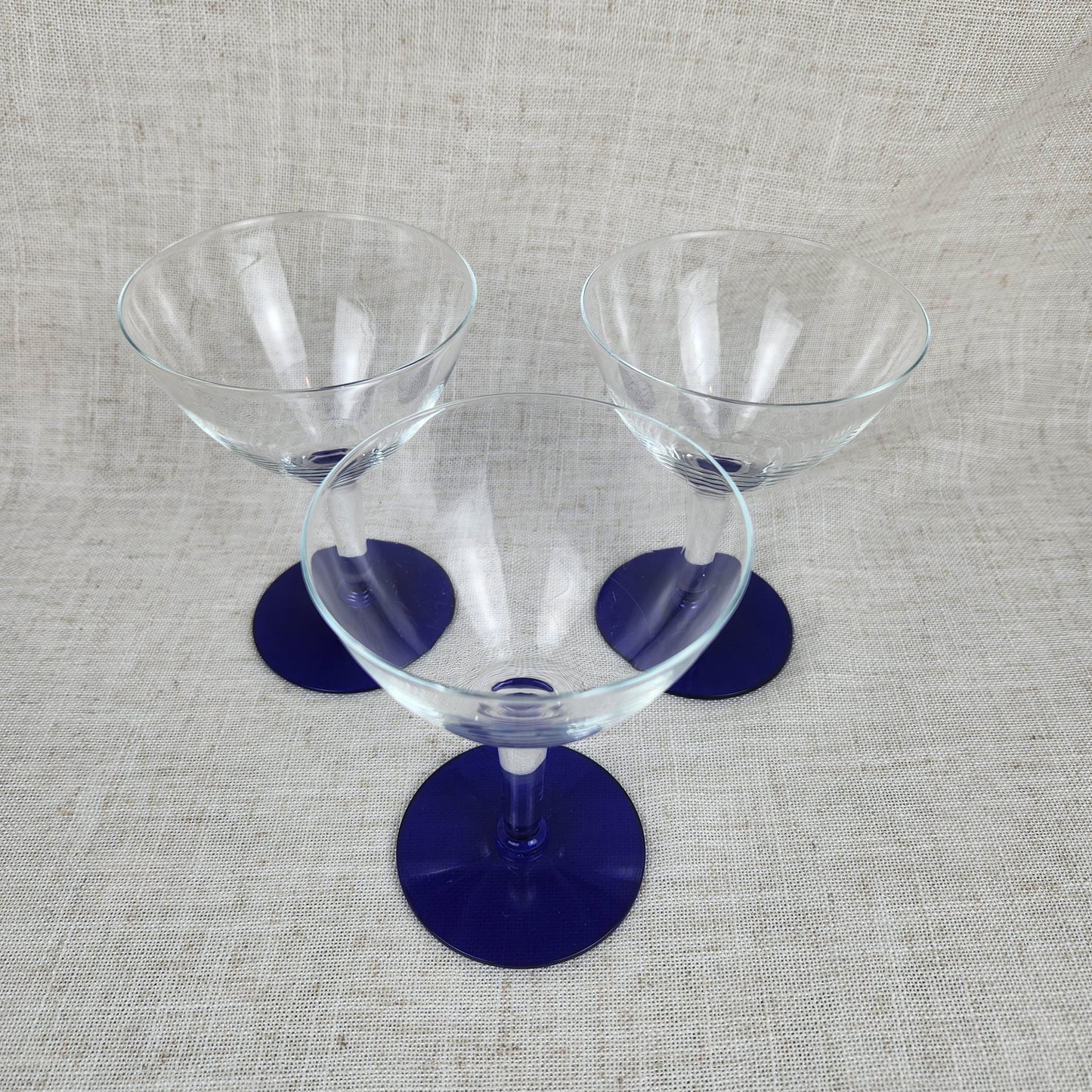 Vintage Cobalt Blue Stem Martini Glasses Set of 3 | Elegant Cocktail Coupe Glasses | Modern Classic Barware
