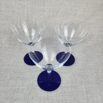 Vintage Cobalt Blue Stem Martini Glasses Set of 3 | Elegant Cocktail Coupe Glasses | Modern Classic Barware