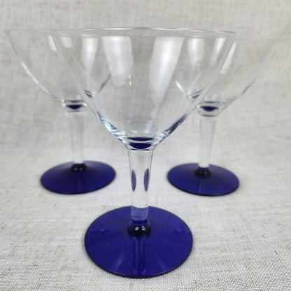 Vintage Cobalt Blue Stem Martini Glasses Set of 3 | Elegant Cocktail Coupe Glasses | Modern Classic Barware