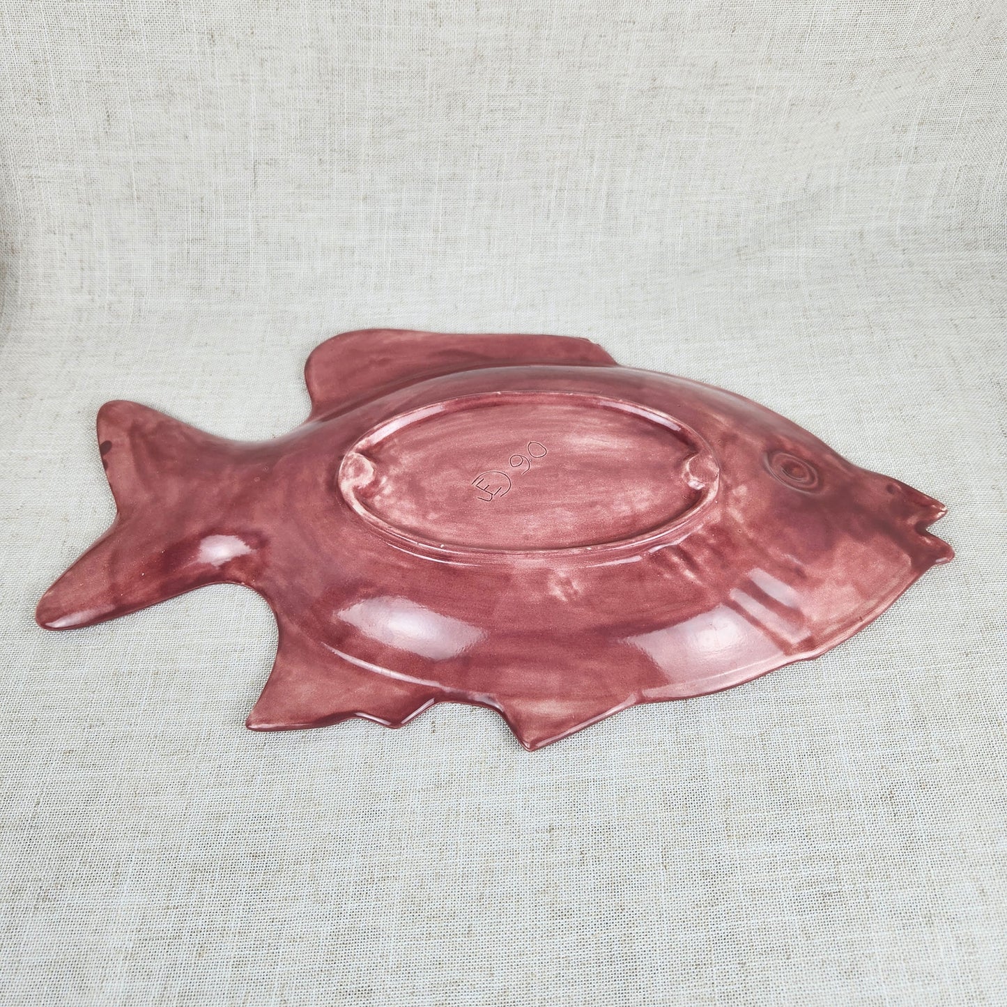 Handmade Ceramic Fish Dish | Vintage Pink Pottery | Signed JD 1990
