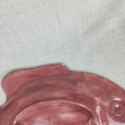Handmade Ceramic Fish Dish | Vintage Pink Pottery | Signed JD 1990