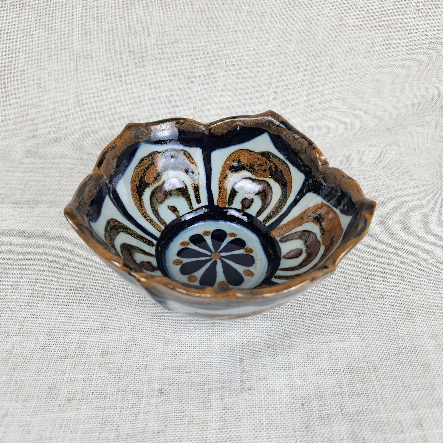 Ken Edwards Mexican Pottery Bowl, Hand Painted Ceramic Catchall, Scalloped Artisan Dish