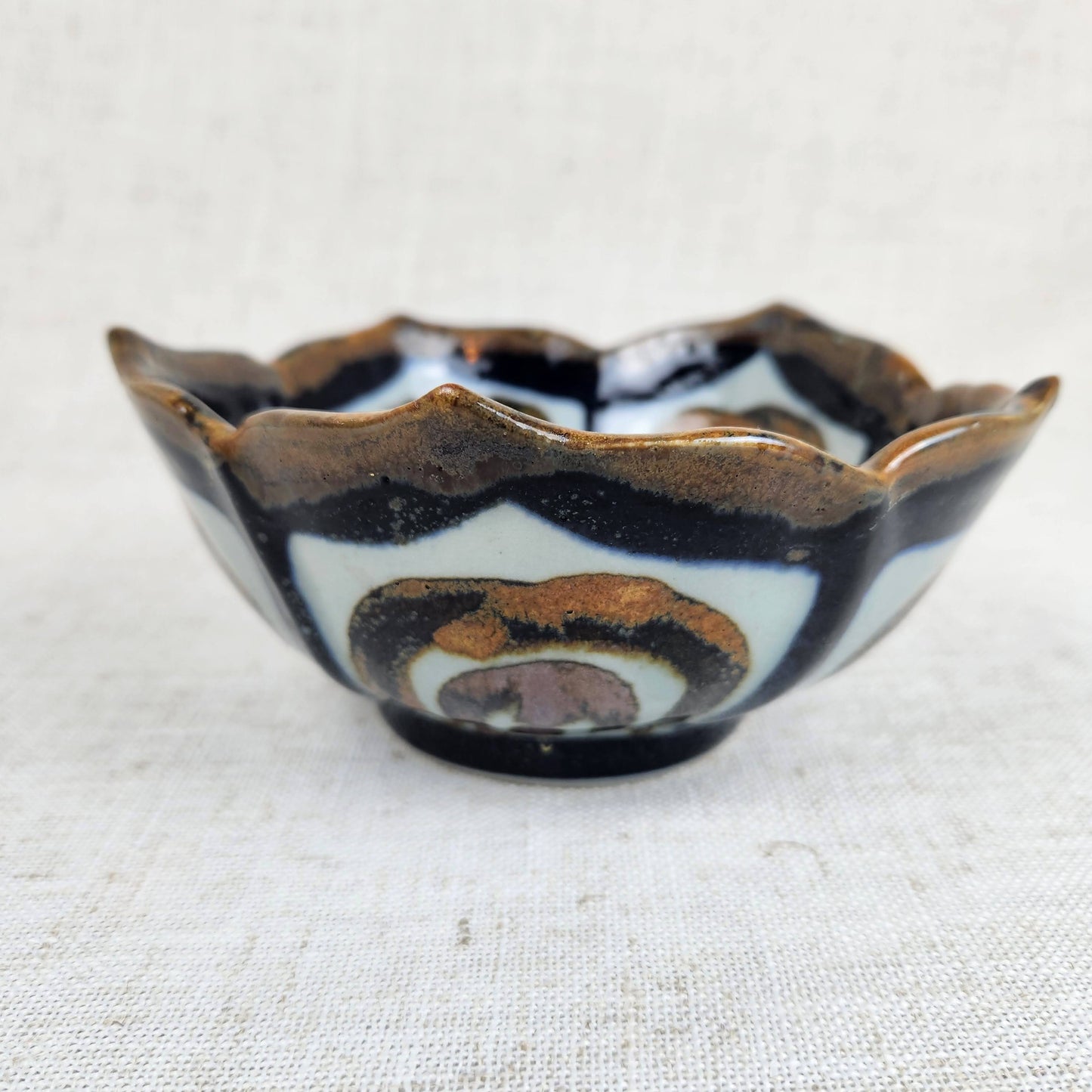 Ken Edwards Mexican Pottery Bowl, Hand Painted Ceramic Catchall, Scalloped Artisan Dish