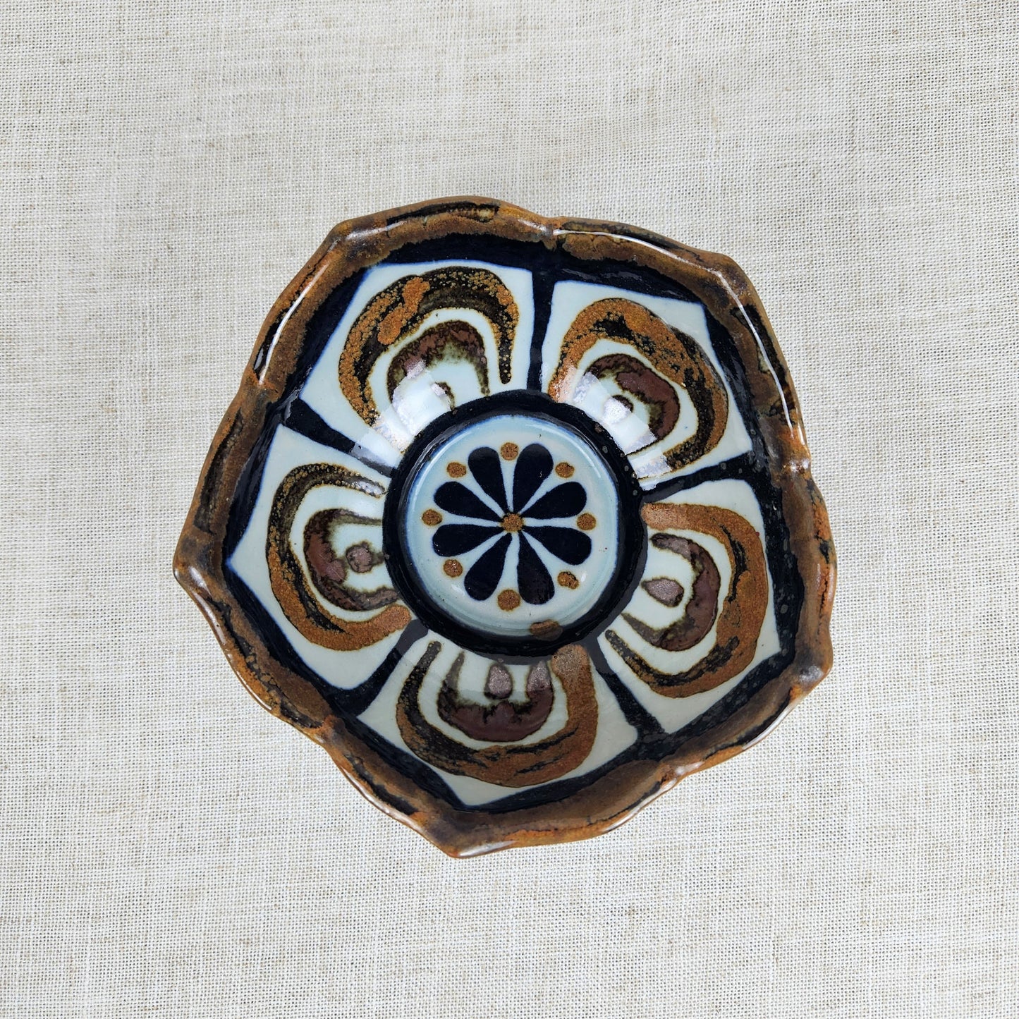 Ken Edwards Mexican Pottery Bowl, Hand Painted Ceramic Catchall, Scalloped Artisan Dish