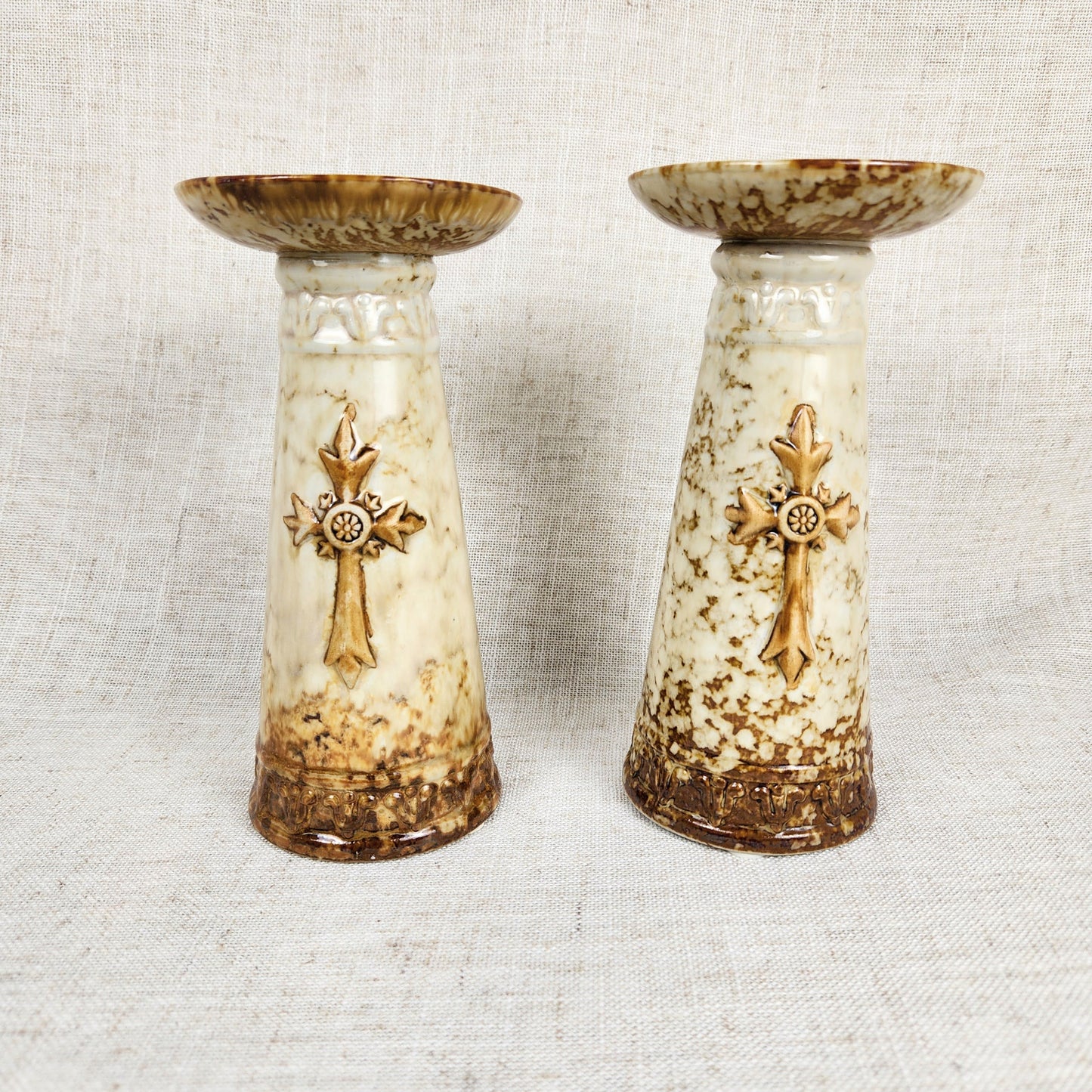 Old World Marble Glaze Ceramic Candlestick Holders with Cross Motif, Vintage Traditional Style Pair