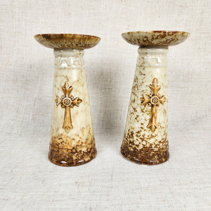 Old World Marble Glaze Ceramic Candlestick Holders with Cross Motif, Vintage Traditional Style Pair