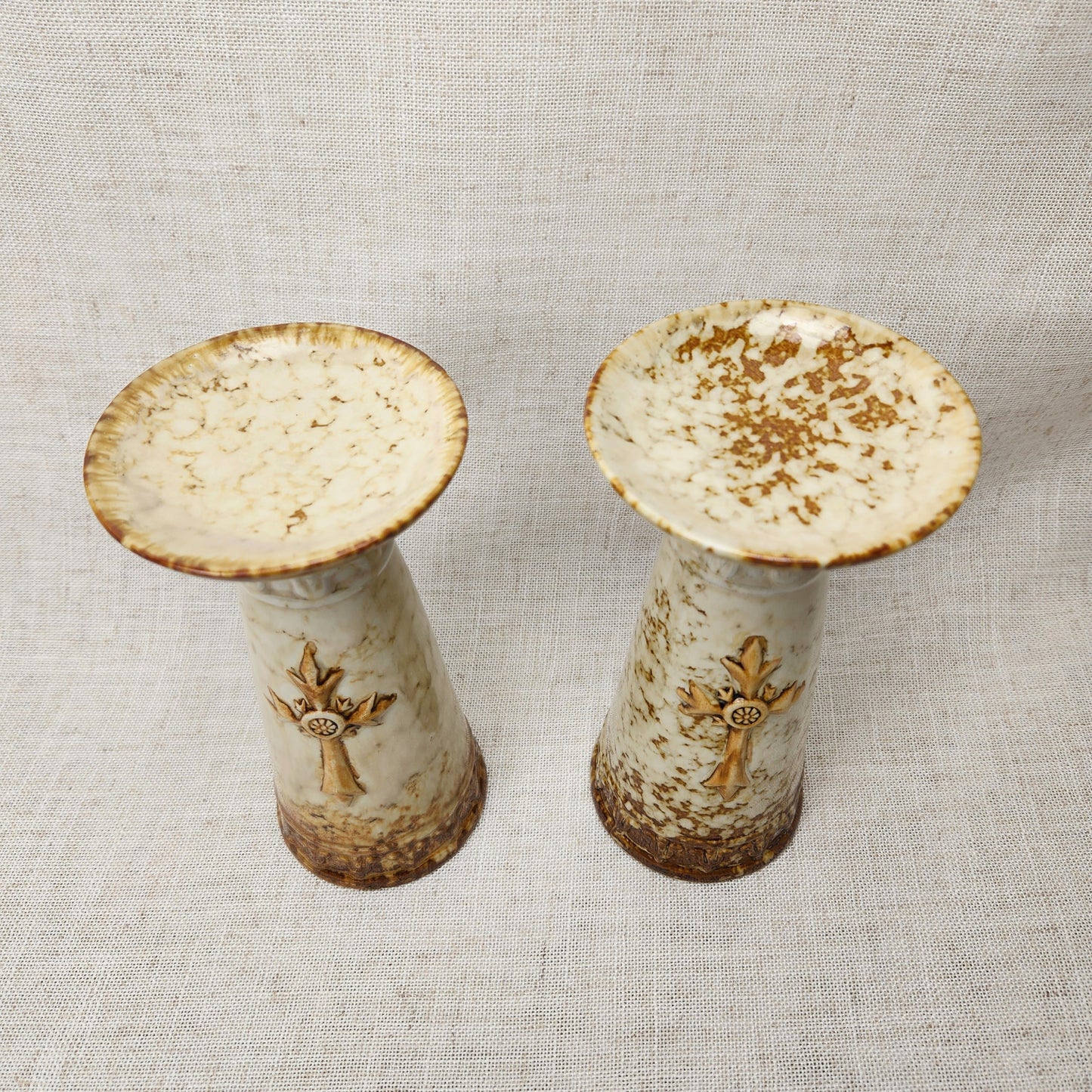 Old World Marble Glaze Ceramic Candlestick Holders with Cross Motif, Vintage Traditional Style Pair