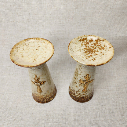 Old World Marble Glaze Ceramic Candlestick Holders with Cross Motif, Vintage Traditional Style Pair