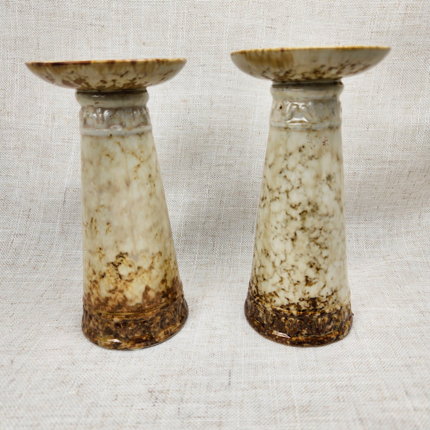 Old World Marble Glaze Ceramic Candlestick Holders with Cross Motif, Vintage Traditional Style Pair