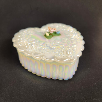 Vintage Fenton Iridescent Heart Trinket Box with Floral Lid – Opalescent Glass Jewelry Box
