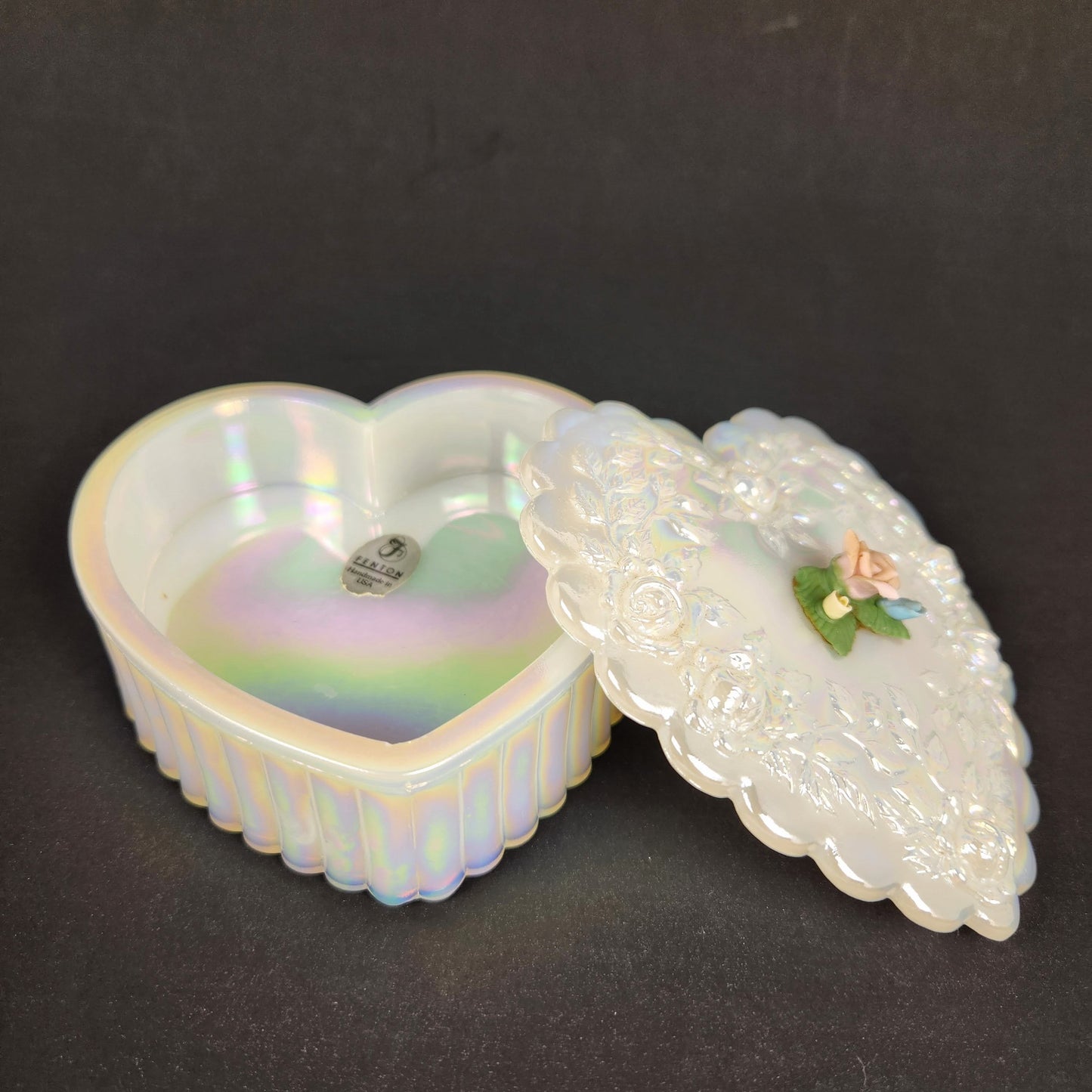 Vintage Fenton Iridescent Heart Trinket Box with Floral Lid – Opalescent Glass Jewelry Box