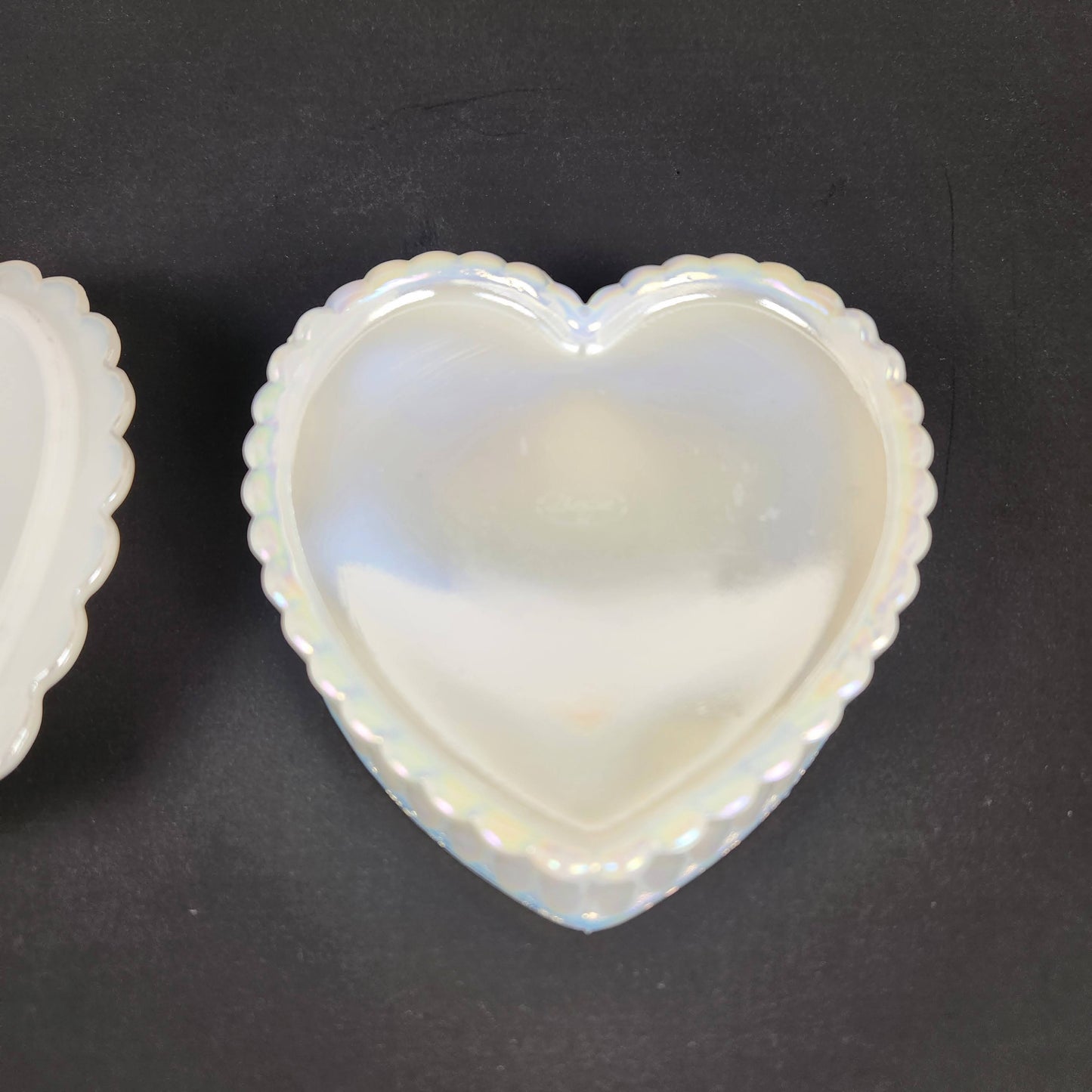 Vintage Fenton Iridescent Heart Trinket Box with Floral Lid – Opalescent Glass Jewelry Box