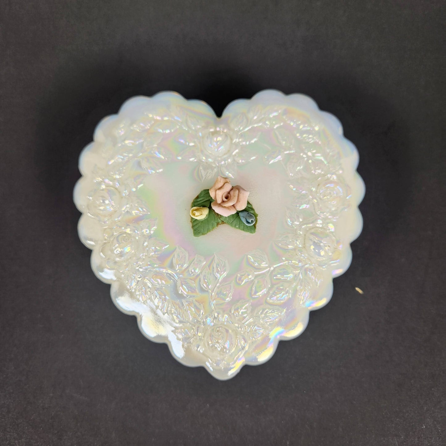 Vintage Fenton Iridescent Heart Trinket Box with Floral Lid – Opalescent Glass Jewelry Box