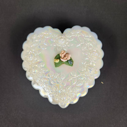 Vintage Fenton Iridescent Heart Trinket Box with Floral Lid – Opalescent Glass Jewelry Box