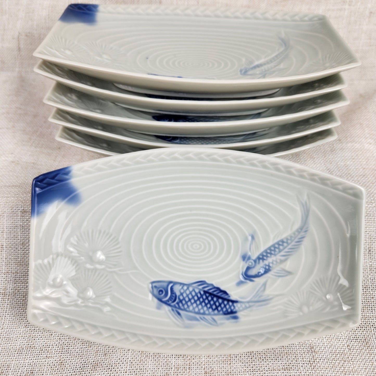 Vintage Sushi Plates Set of 6 | Blue & White Koi Fish Design | Rectangular Japanese Style Serving Plates