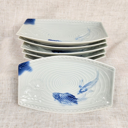 Vintage Sushi Plates Set of 6 | Blue & White Koi Fish Design | Rectangular Japanese Style Serving Plates