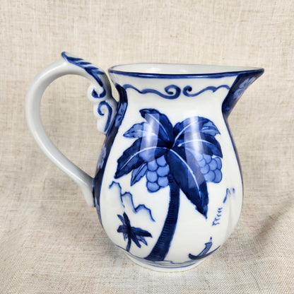 Vintage Blue & White Palm Tree Pitcher | Coastal Cottage Ceramic Jug | Hand Painted Tropical Motif