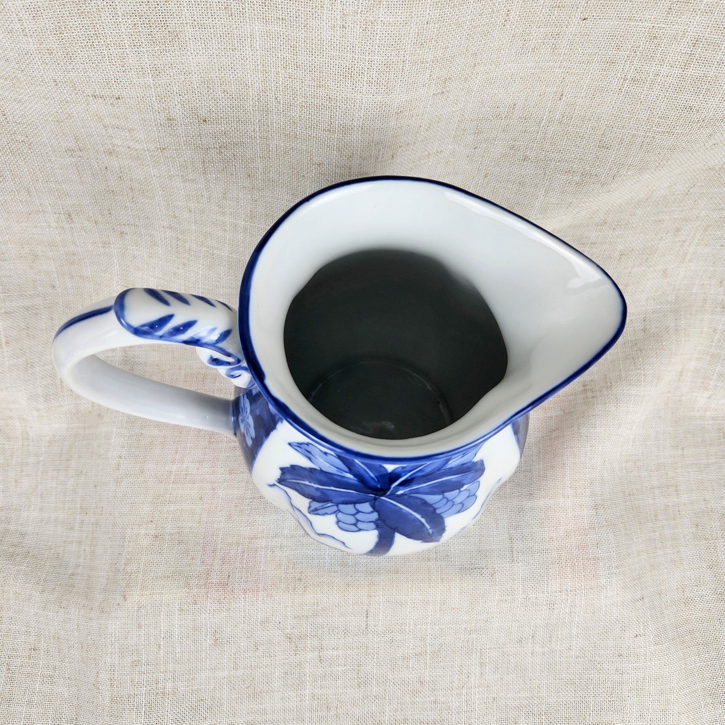 Vintage Blue & White Palm Tree Pitcher | Coastal Cottage Ceramic Jug | Hand Painted Tropical Motif