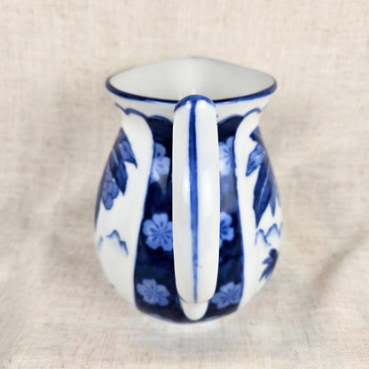 Vintage Blue & White Palm Tree Pitcher | Coastal Cottage Ceramic Jug | Hand Painted Tropical Motif