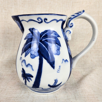 Vintage Blue & White Palm Tree Pitcher | Coastal Cottage Ceramic Jug | Hand Painted Tropical Motif