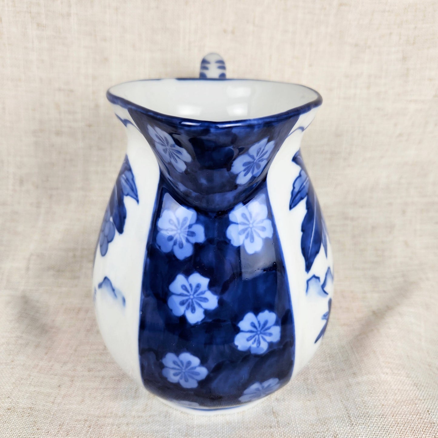 Vintage Blue & White Palm Tree Pitcher | Coastal Cottage Ceramic Jug | Hand Painted Tropical Motif