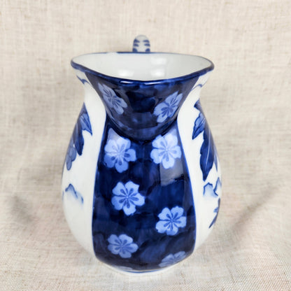 Vintage Blue & White Palm Tree Pitcher | Coastal Cottage Ceramic Jug | Hand Painted Tropical Motif