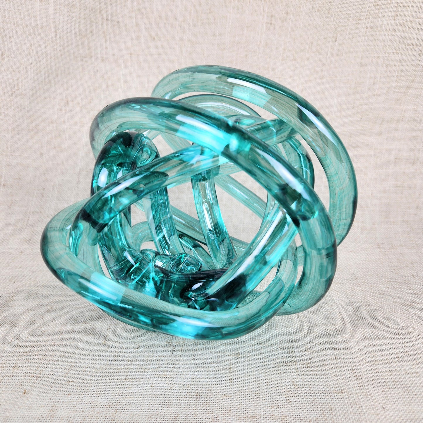 Vintage Aqua Glass Knot Sculpture | Mid Century Modern Art Glass Decor