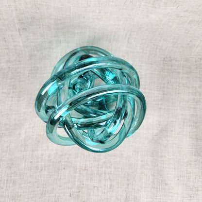 Vintage Aqua Glass Knot Sculpture | Mid Century Modern Art Glass Decor
