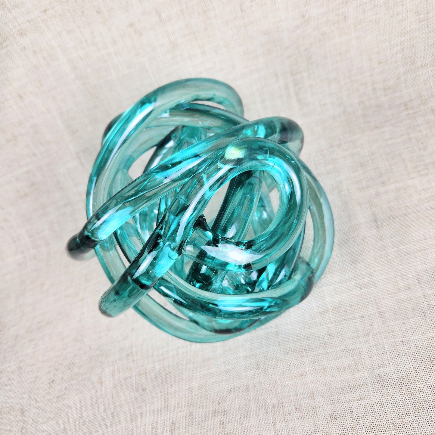 Vintage Aqua Glass Knot Sculpture | Mid Century Modern Art Glass Decor