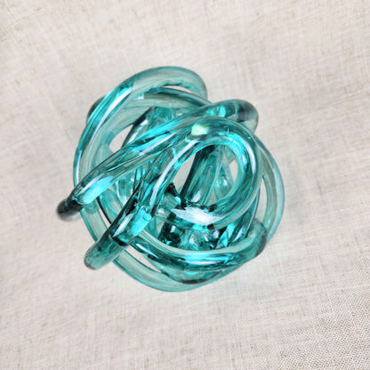 Vintage Aqua Glass Knot Sculpture | Mid Century Modern Art Glass Decor