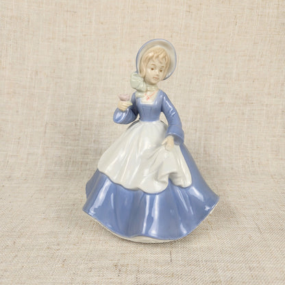 Vintage Made in Japan Porcelain Music Box Figurine | Girl in Blue Dress Holding Rose